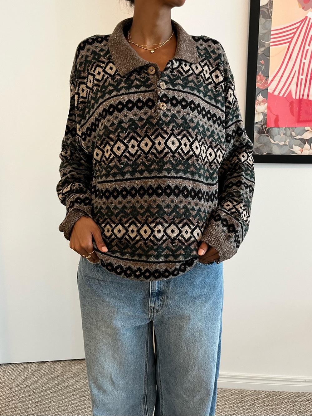 Vintage Patterned Knit Sweater L
